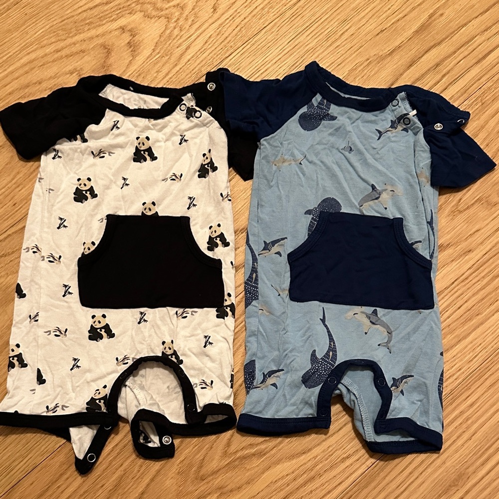 Kyte Baby Panda and Shark snap romper shorts 6-12mo